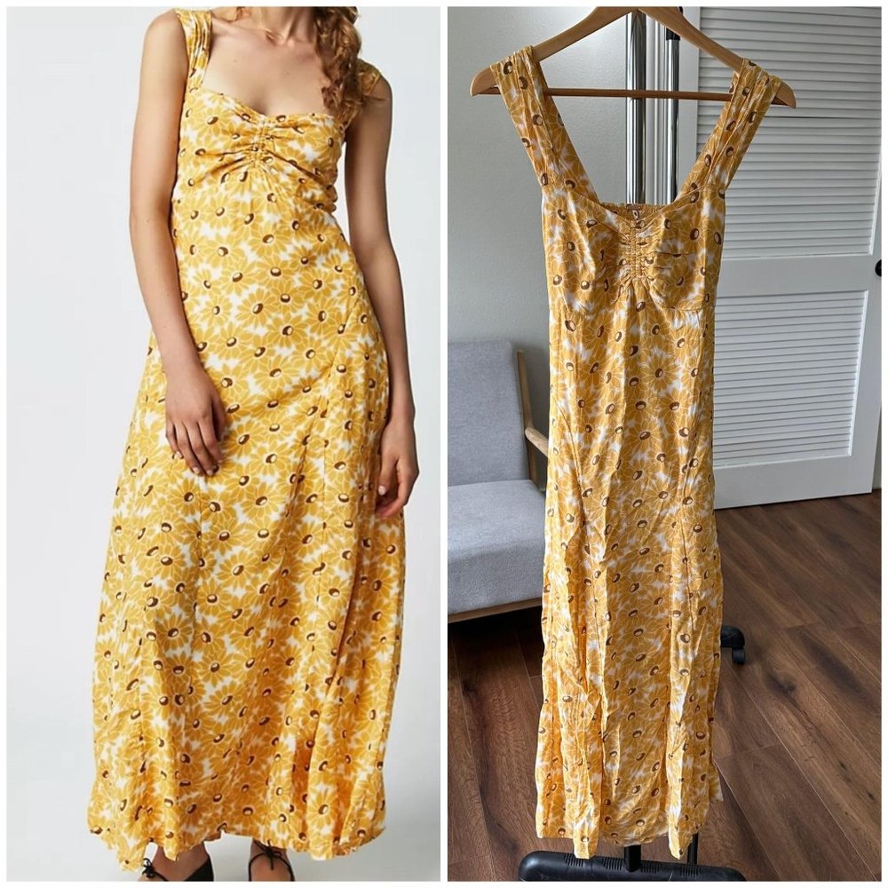 Womens Free People Rosalee Yellow Sunflower Midi Summer Dress XS